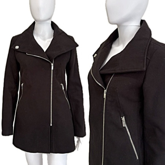 BERSHKA Long Pea Coat Womens Size XS Black Asymmetrical Zip Jacket Dressy - Picture 1 of 14